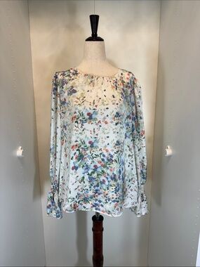 CeCe Cream Blouse with Blue and Green Floral Print